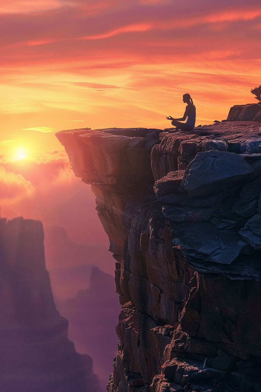 Person meditating on cliff at sunset, symbolizing inner peace.