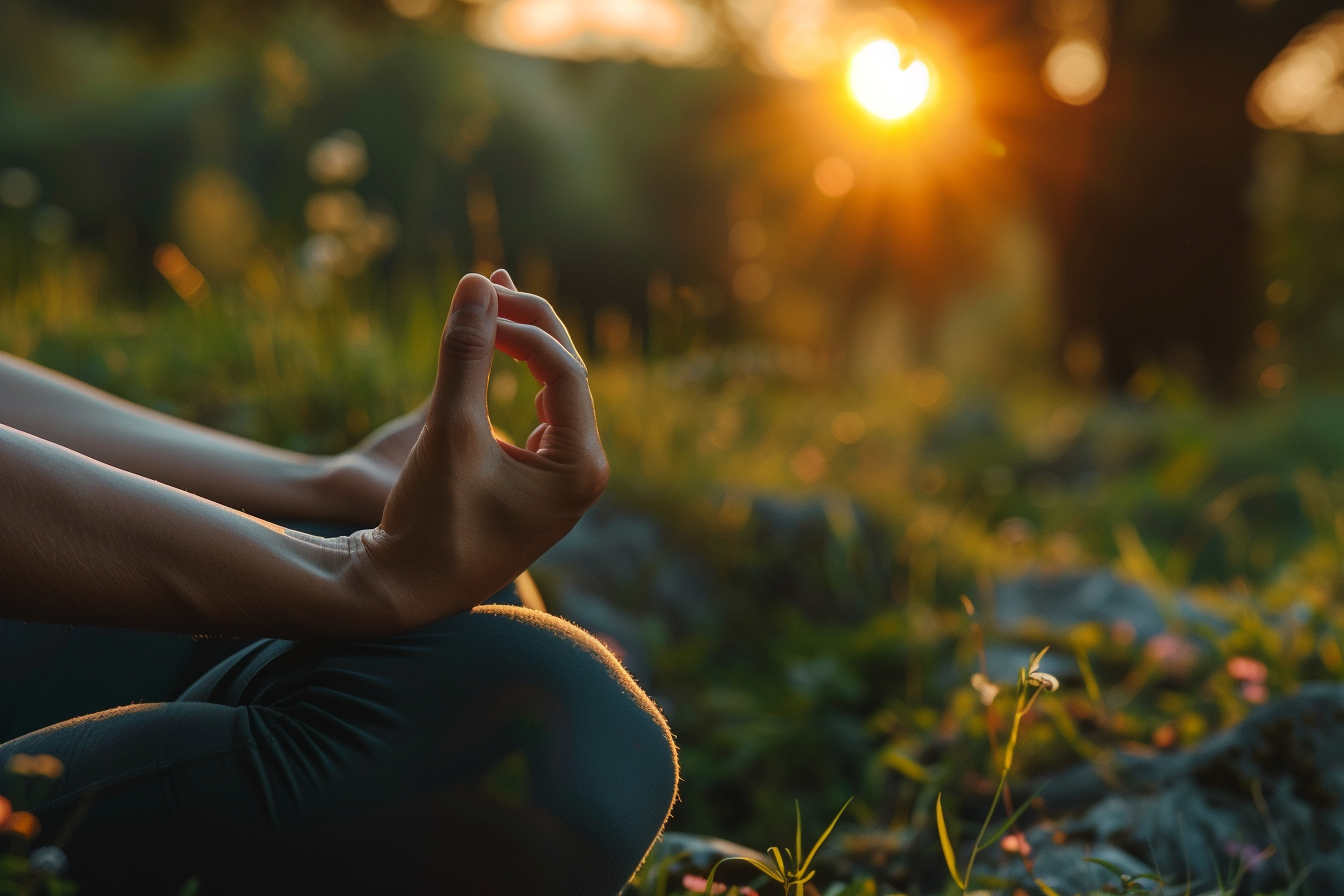 Person meditating or practicing yoga in peaceful nature setting.