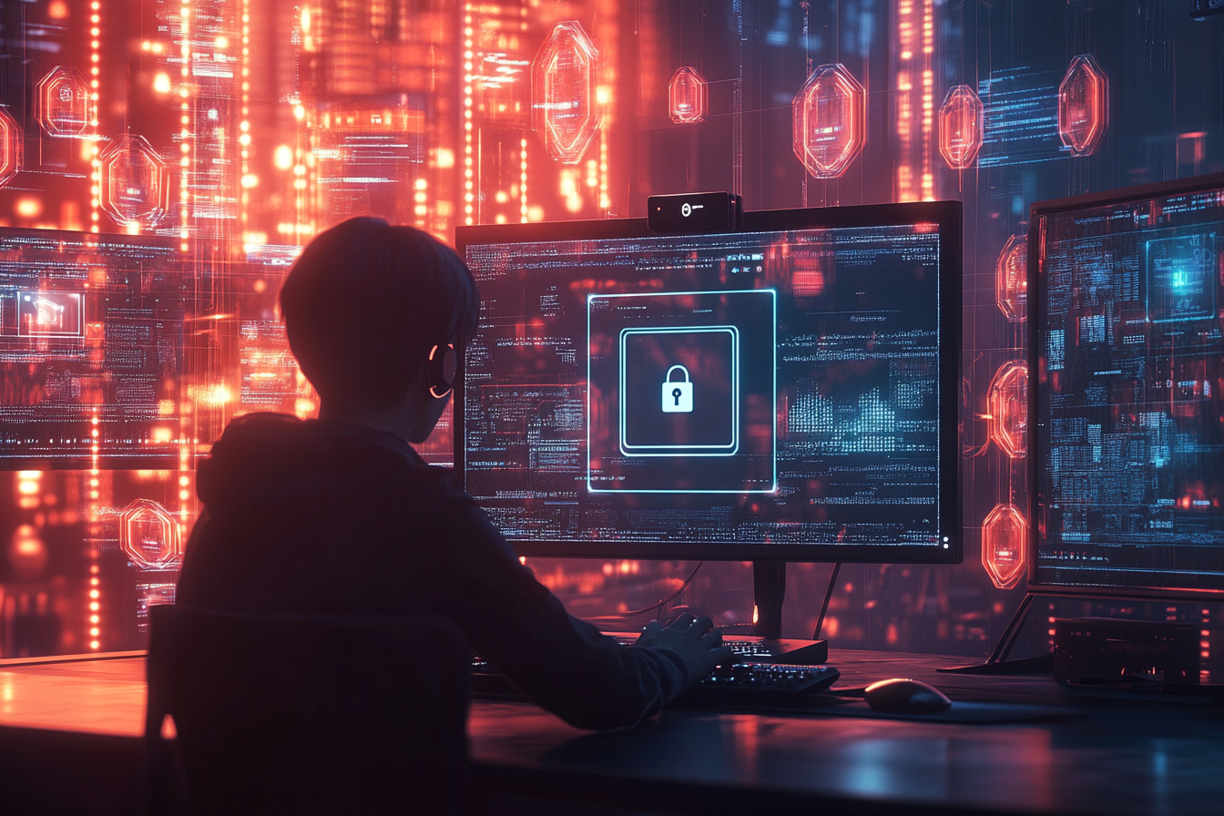 Person on computer with lock icon, shields, servers.