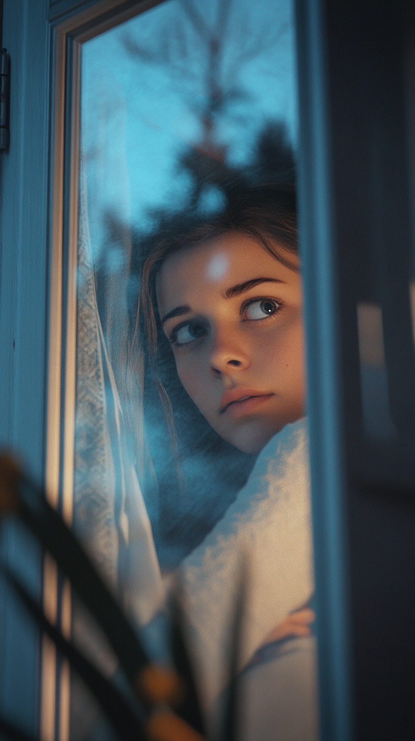 Person peering out window with intense curiosity. In HDR.