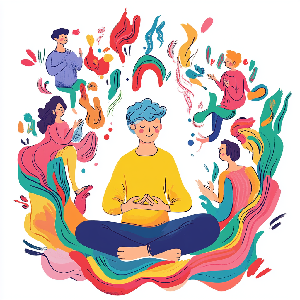 Person practicing mindfulness with colorful waves and supportive figures.