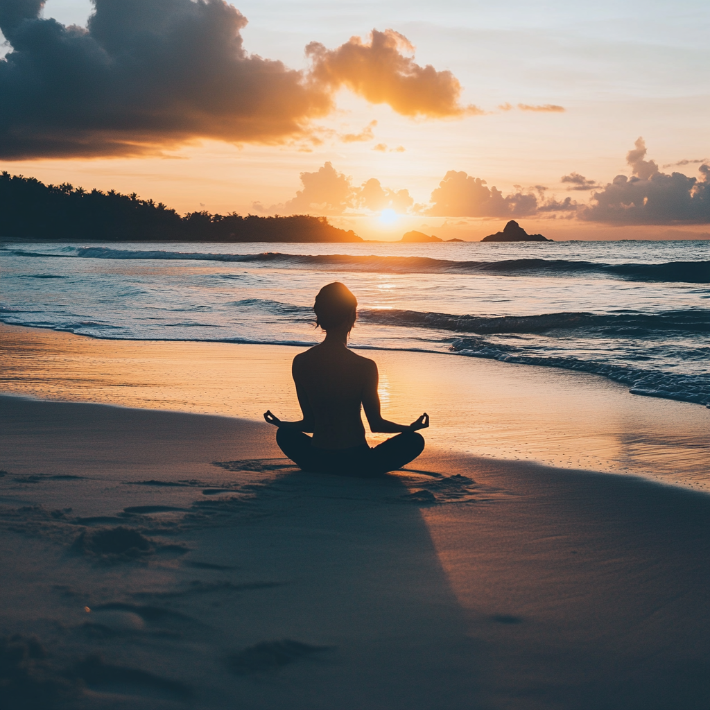 Person practicing yoga on serene beach at sunset.