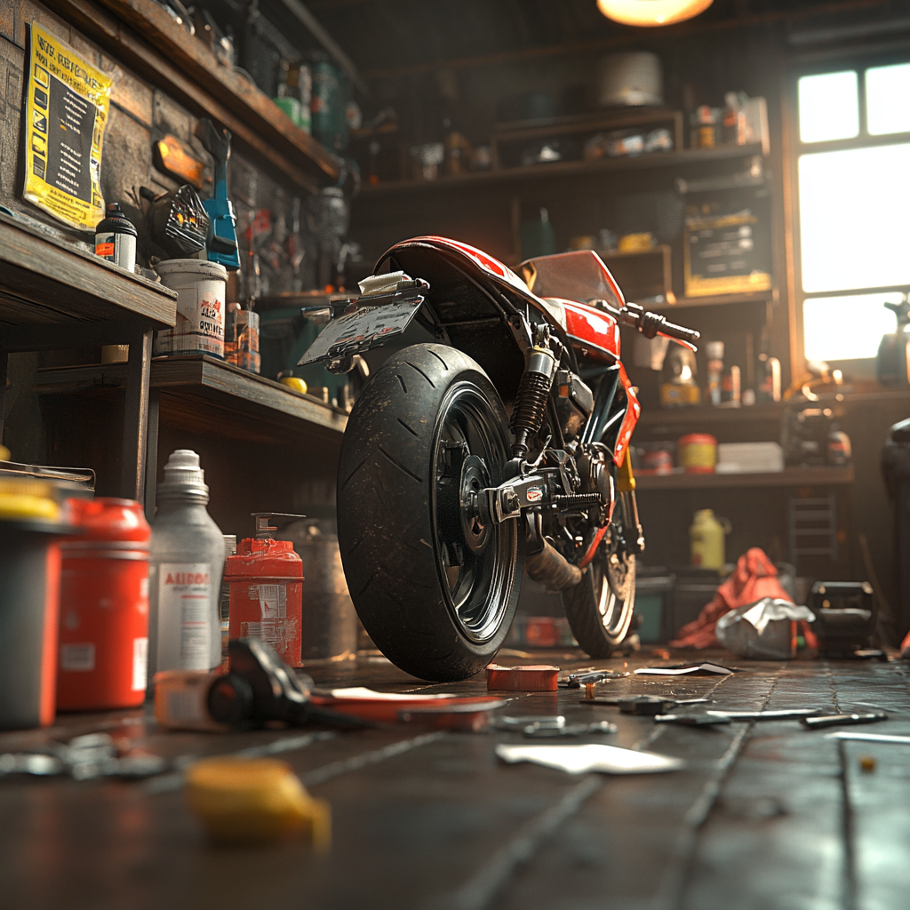 Person preparing motorcycle for long-term storage in garage.