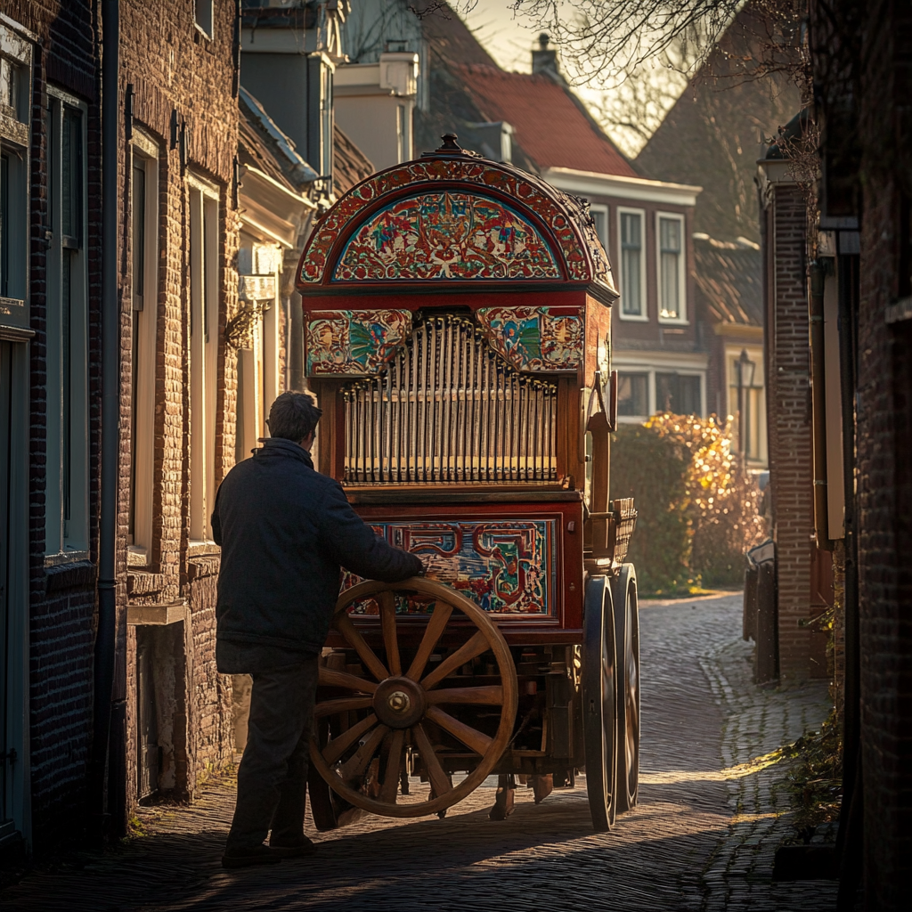 Person pulls colorful organ onto sunny Dutch street.