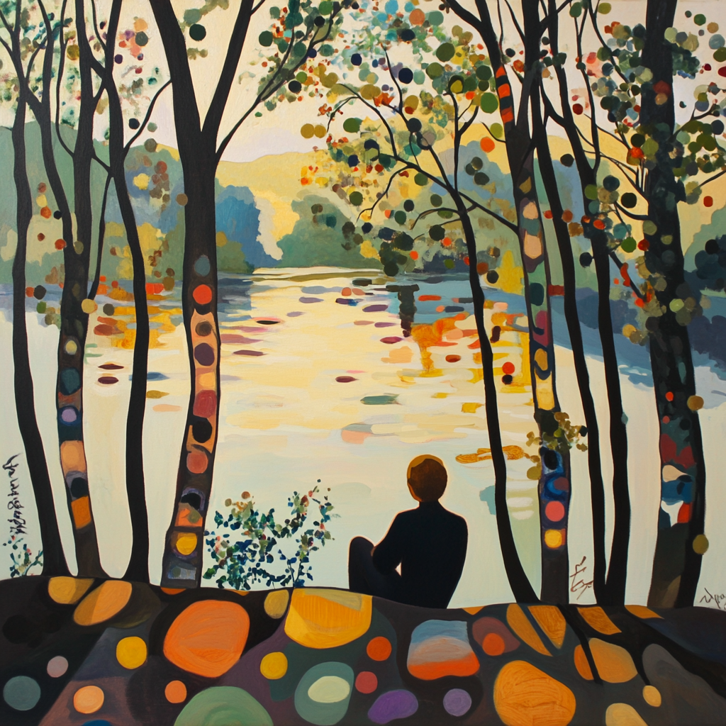 Person relaxes by lake, surrounded by trees and sunlight.