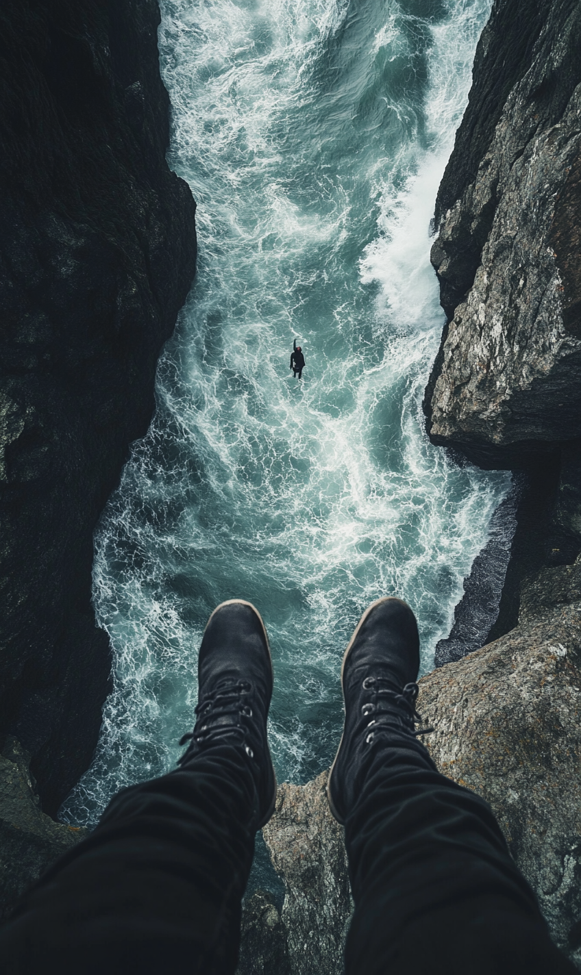 Person scared on cliff looking at camera, spooky setting.