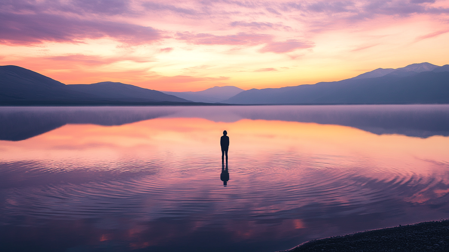 Person silhouetted against glowing lake at magic hour.