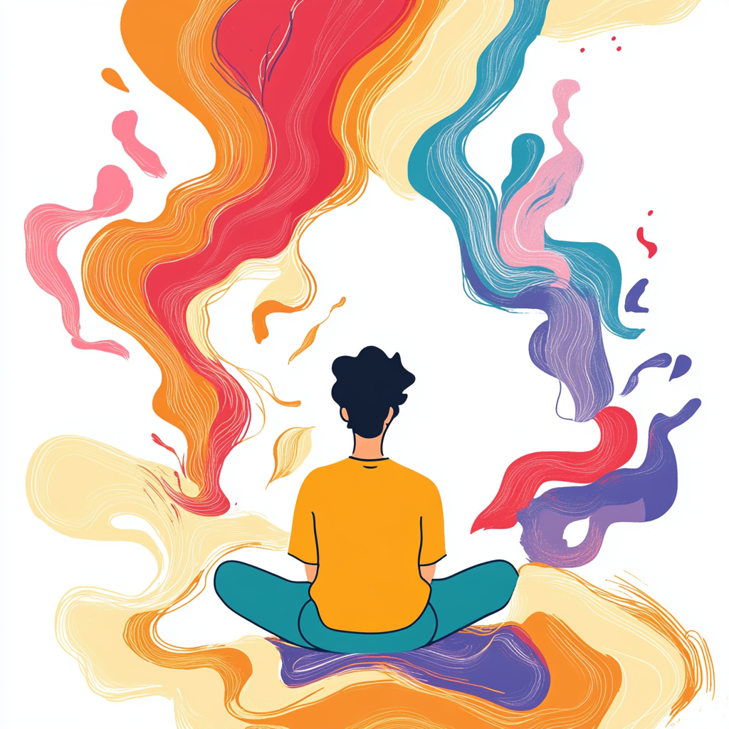 Person sitting quietly with colorful waves symbolizing inner peace.