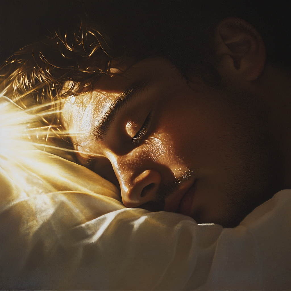 Person sleeping with bright light, God watching closely.