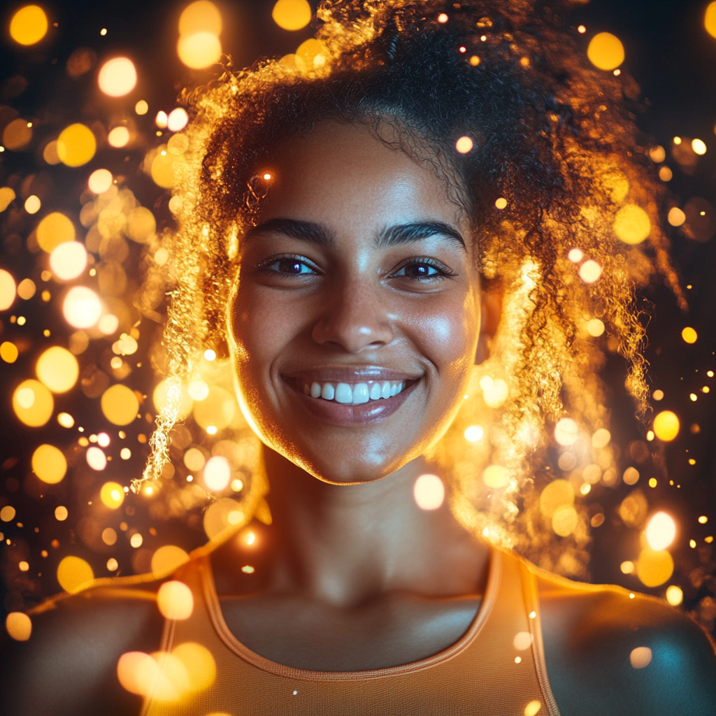 Person smiling during workout with abstract glowing endorphins.