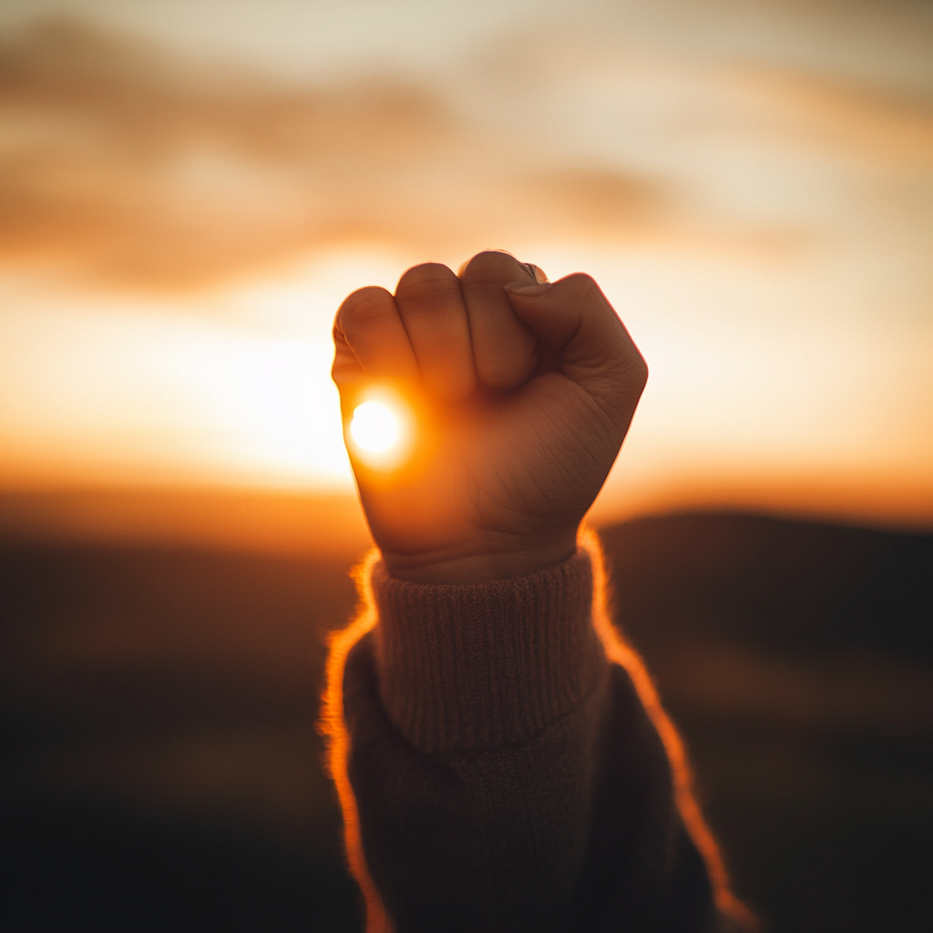 Person standing alone at dawn, clenched fist symbolizes determination.