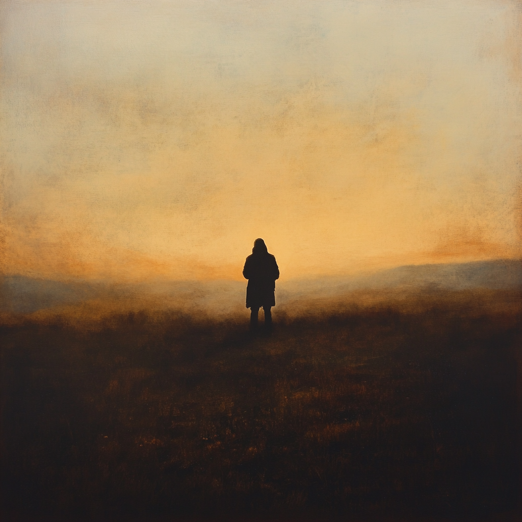 Person stands alone in field at dawn, strong.