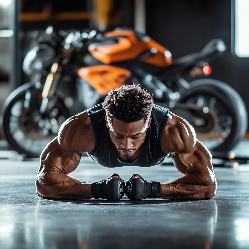 Person strength exercises at gym with motorcycle in background.