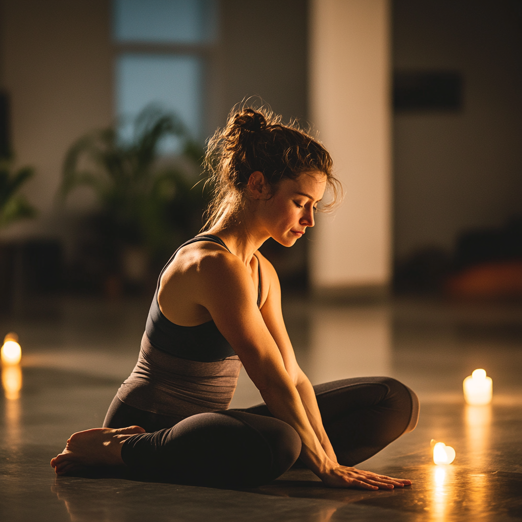 Person stretching in quiet studio with soft lighting.