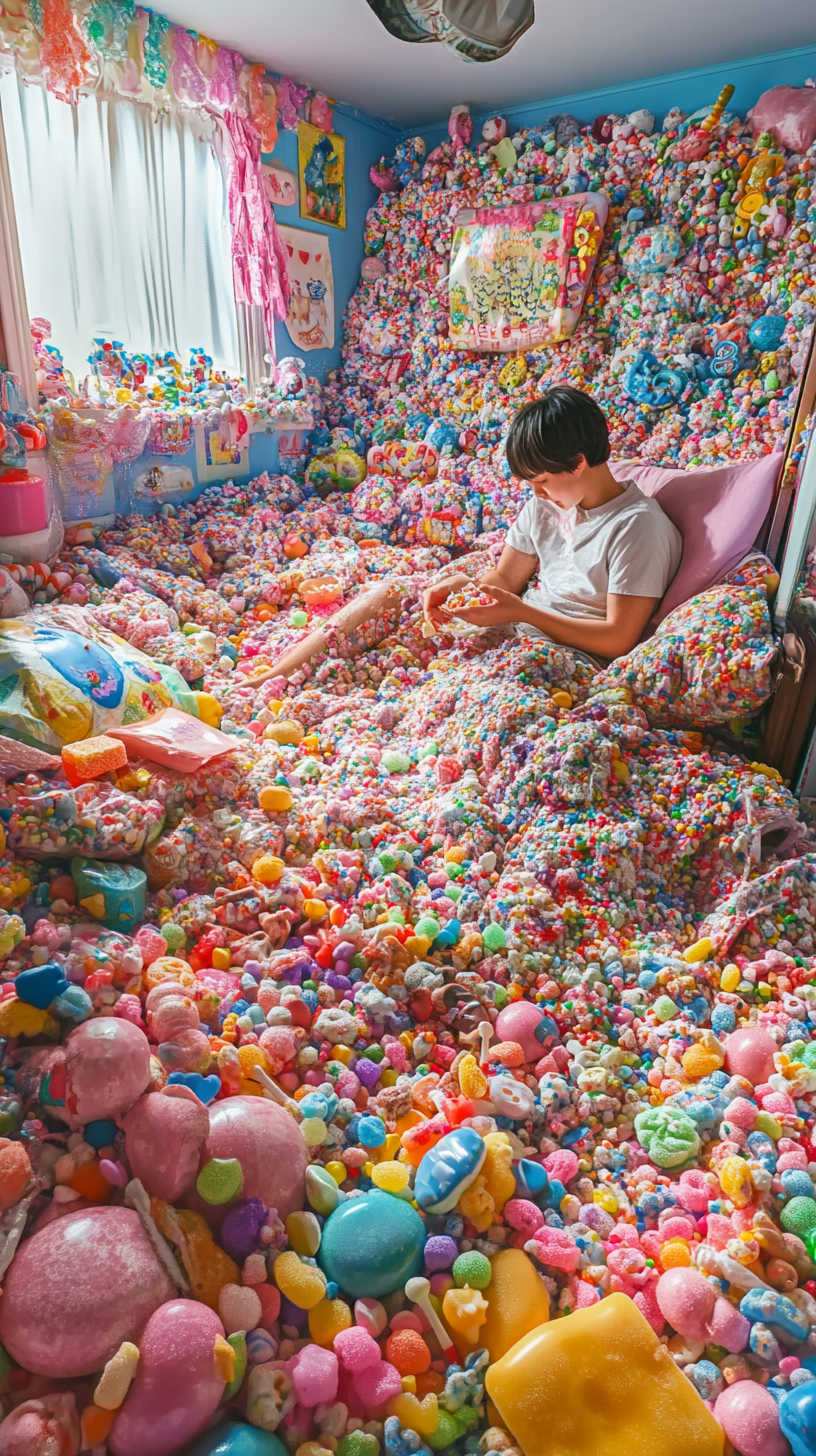 Person surrounded by candy, eating happily in candy-filled room.