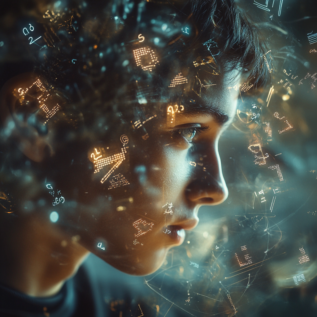 Person surrounded by glowing math symbols lost in thought.