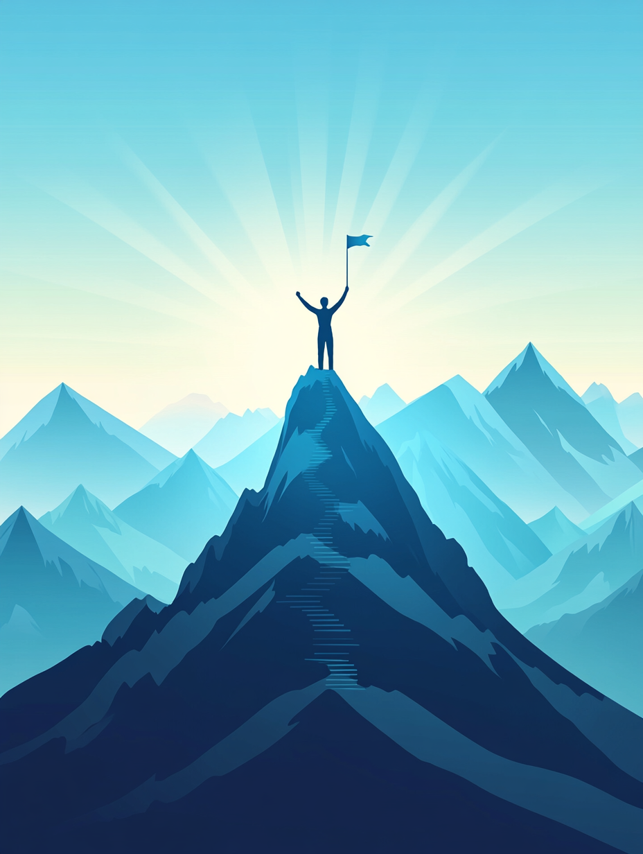 Person triumphantly stands on mountain peak under clear sky.