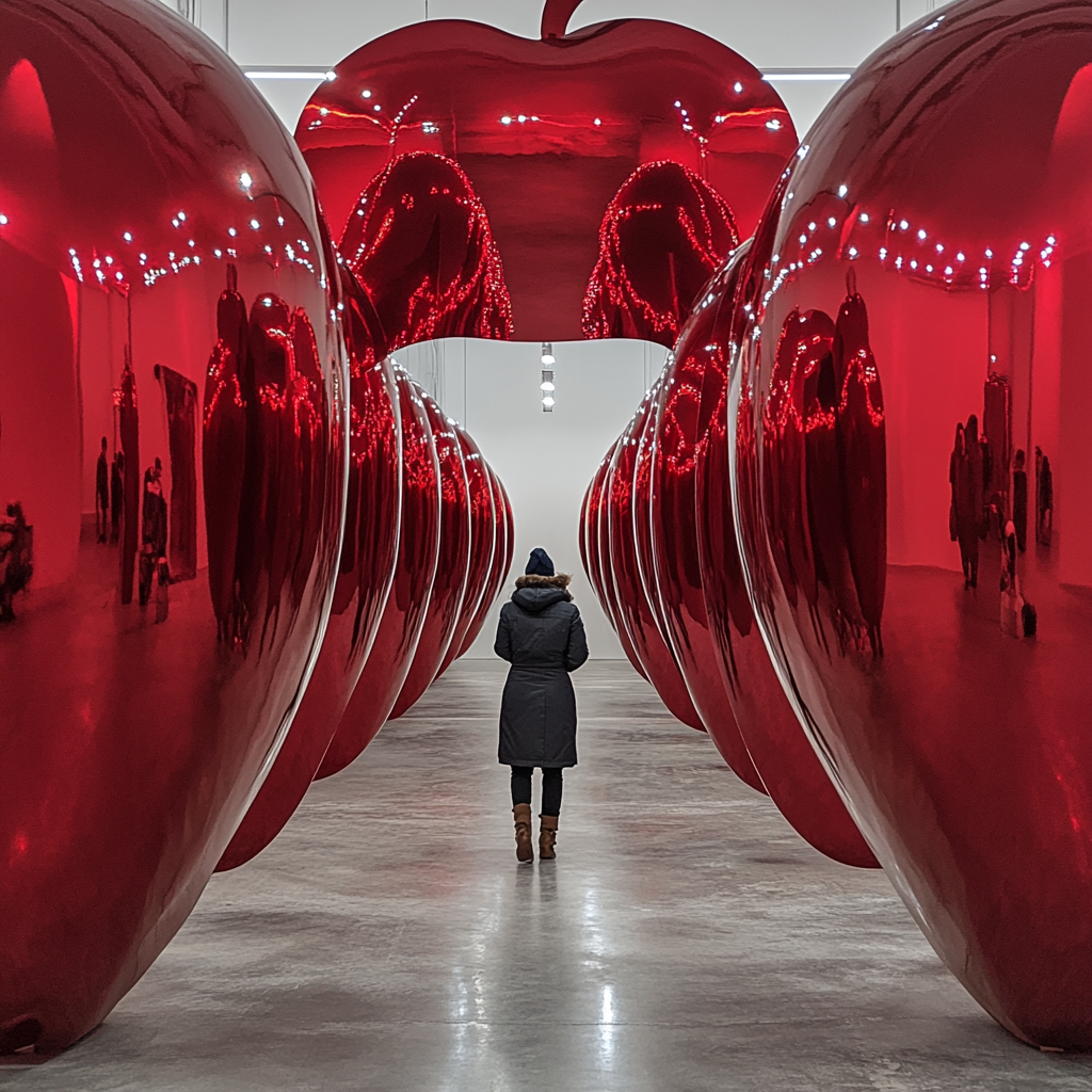 Person walking through shiny red apple room.