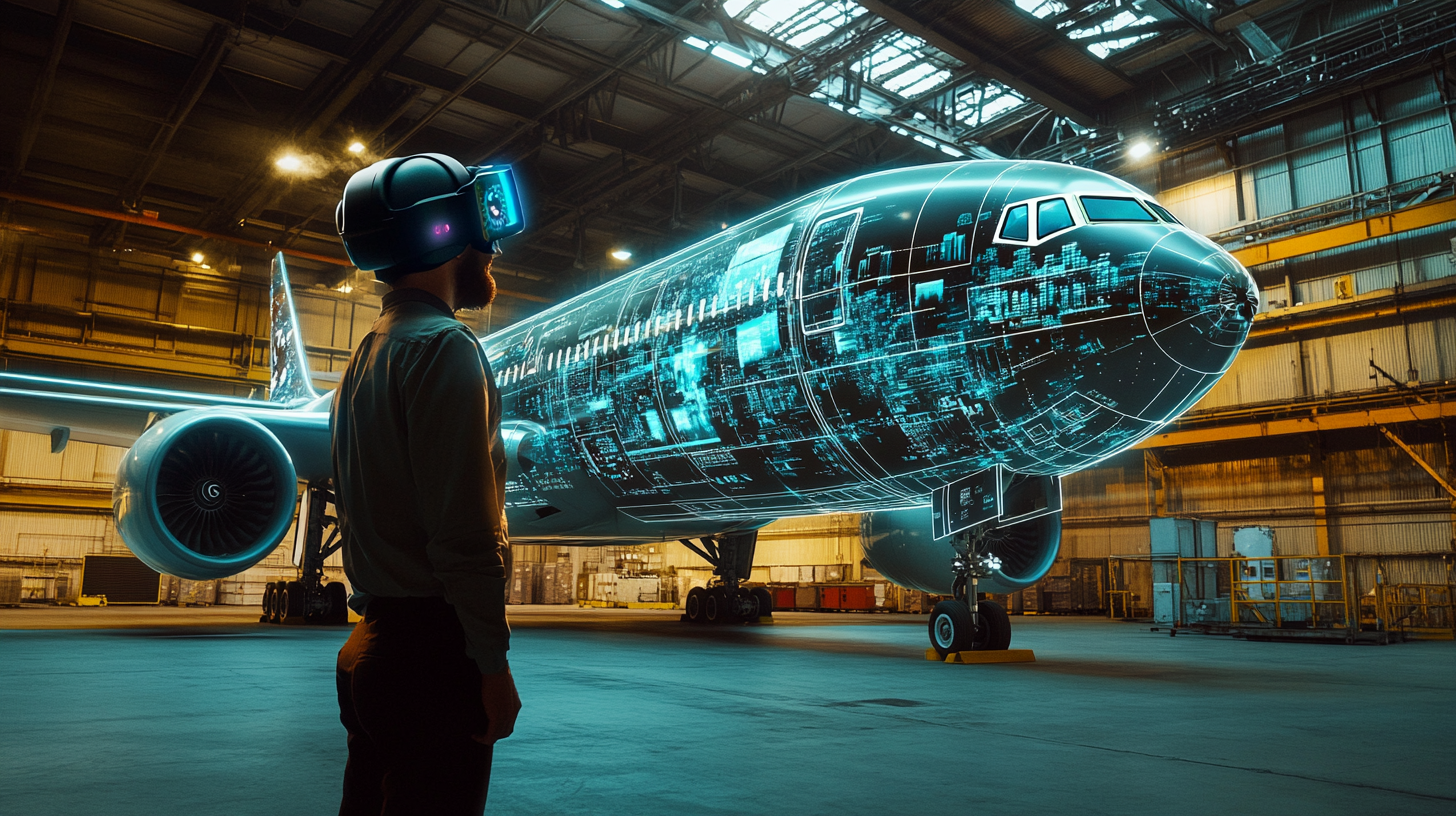 Person wearing VR goggles in warehouse with luxury Boeing 777 interior projection.