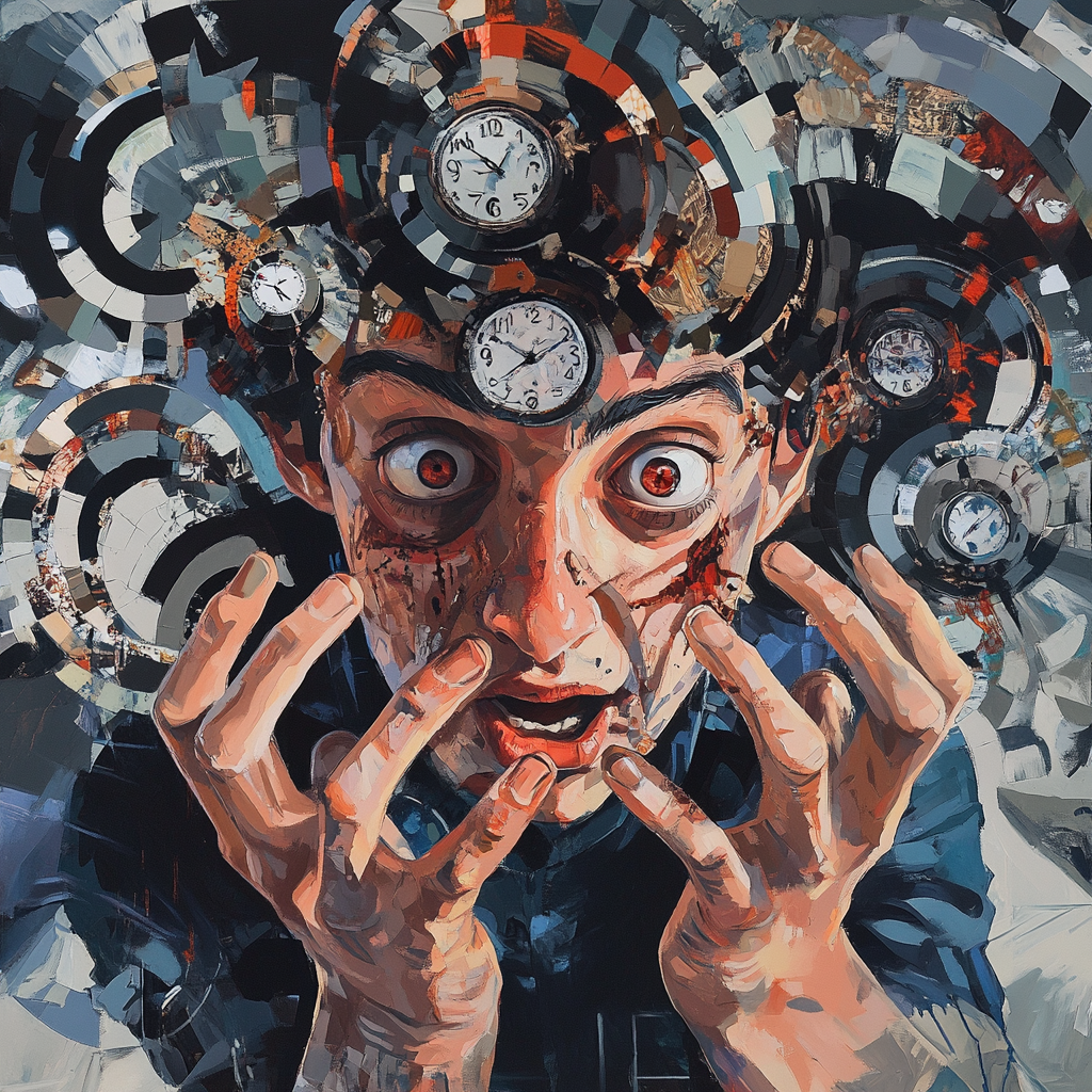 Person with intense expression surrounded by swirling patterns.