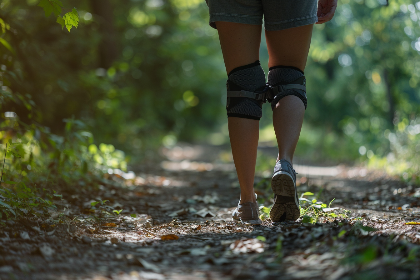 Person with knee brace walking cautiously outdoors.