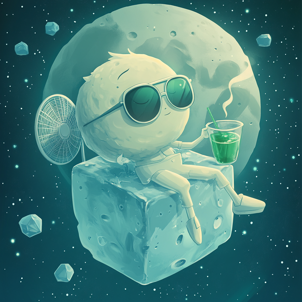 Personified moon character with sunglasses on ice cube in space 