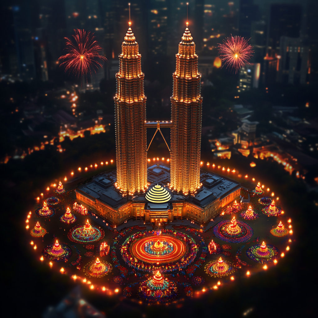 Petronas Twin Towers in Kuala Lumpur lit up for deepavali