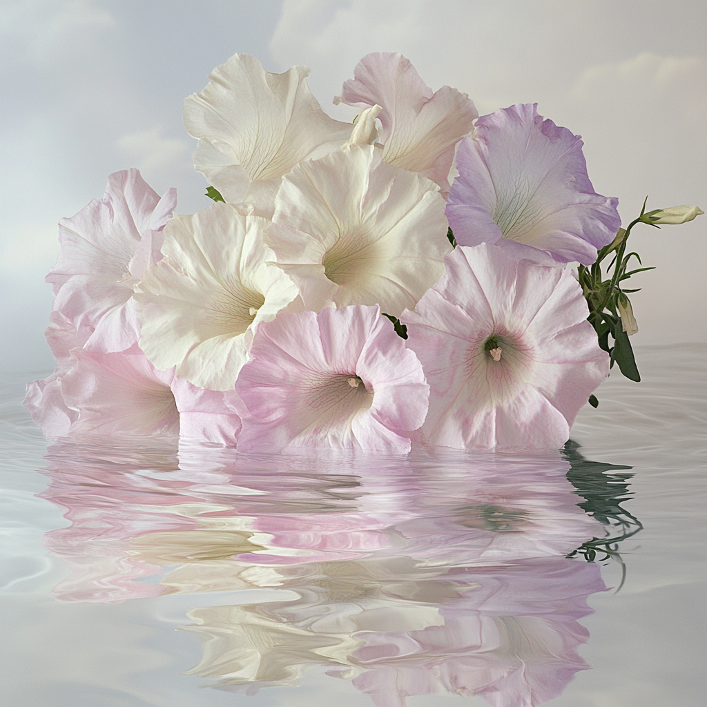 Petunia Bouquet with Withered Flowers Reflection in Water