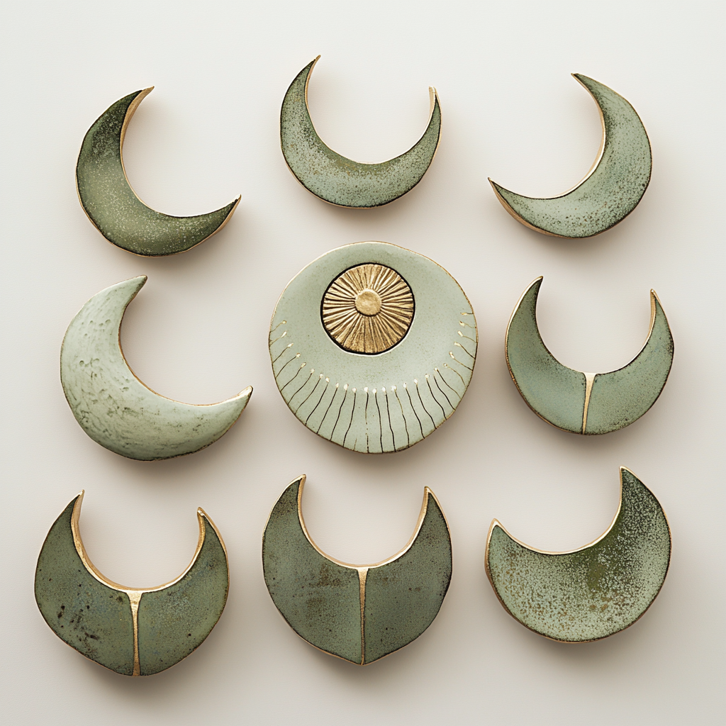 Phases of moon in ceramic pottery art display