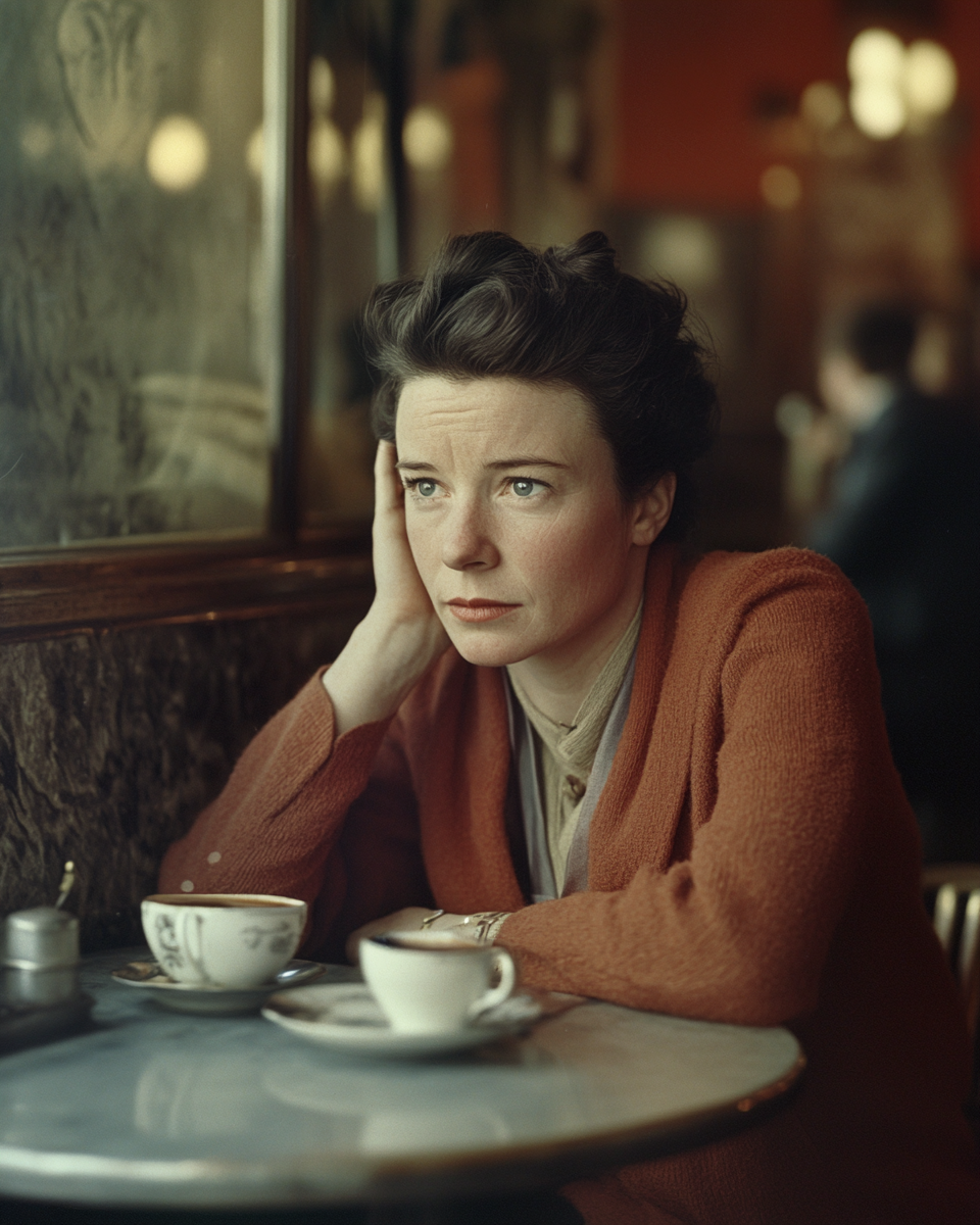 Philosopher Simone de Beauvoir in Parisian café, deep in thought.