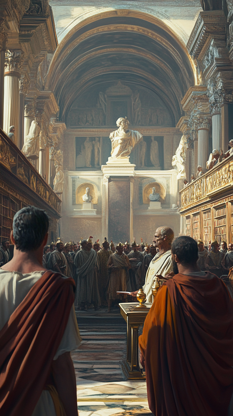 Philosophers in Roman and Byzantine robes debate in hall.