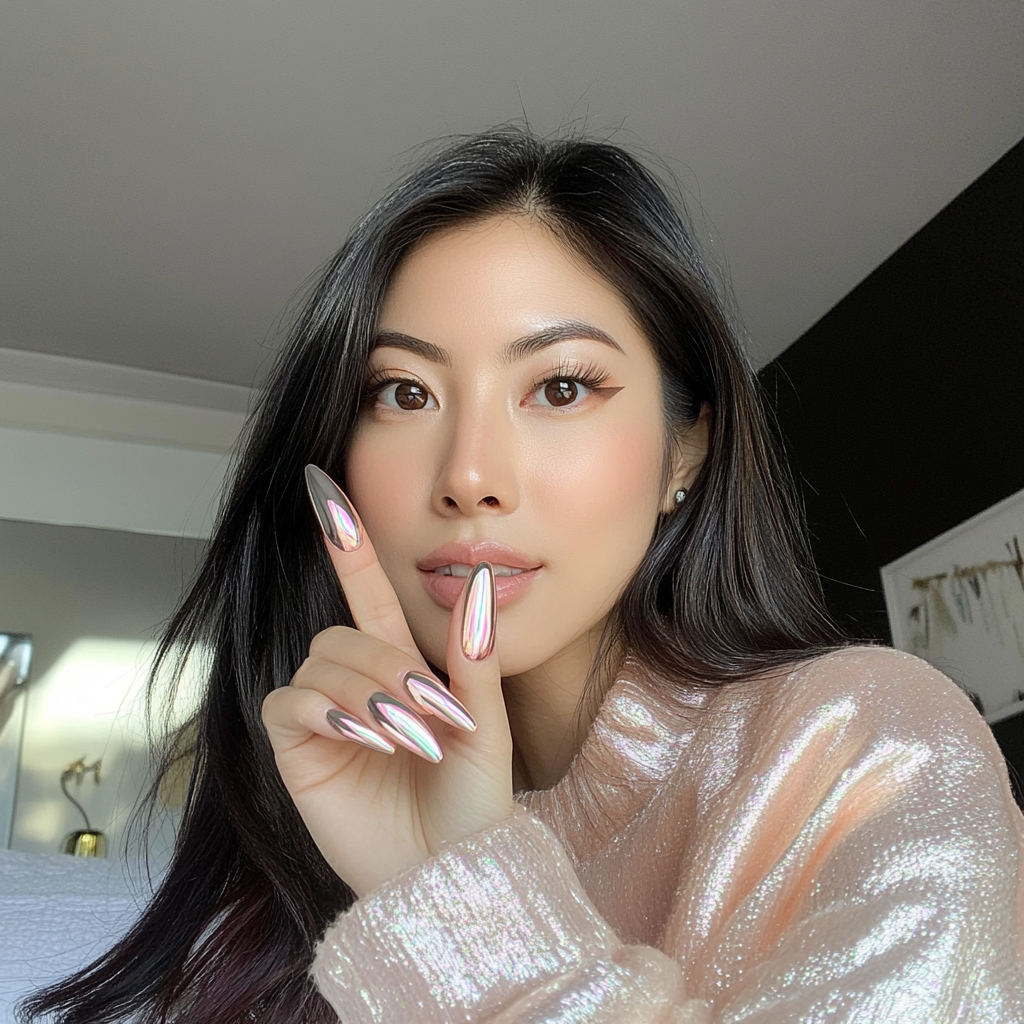 Photo of Asian woman with new chrome peach nails.