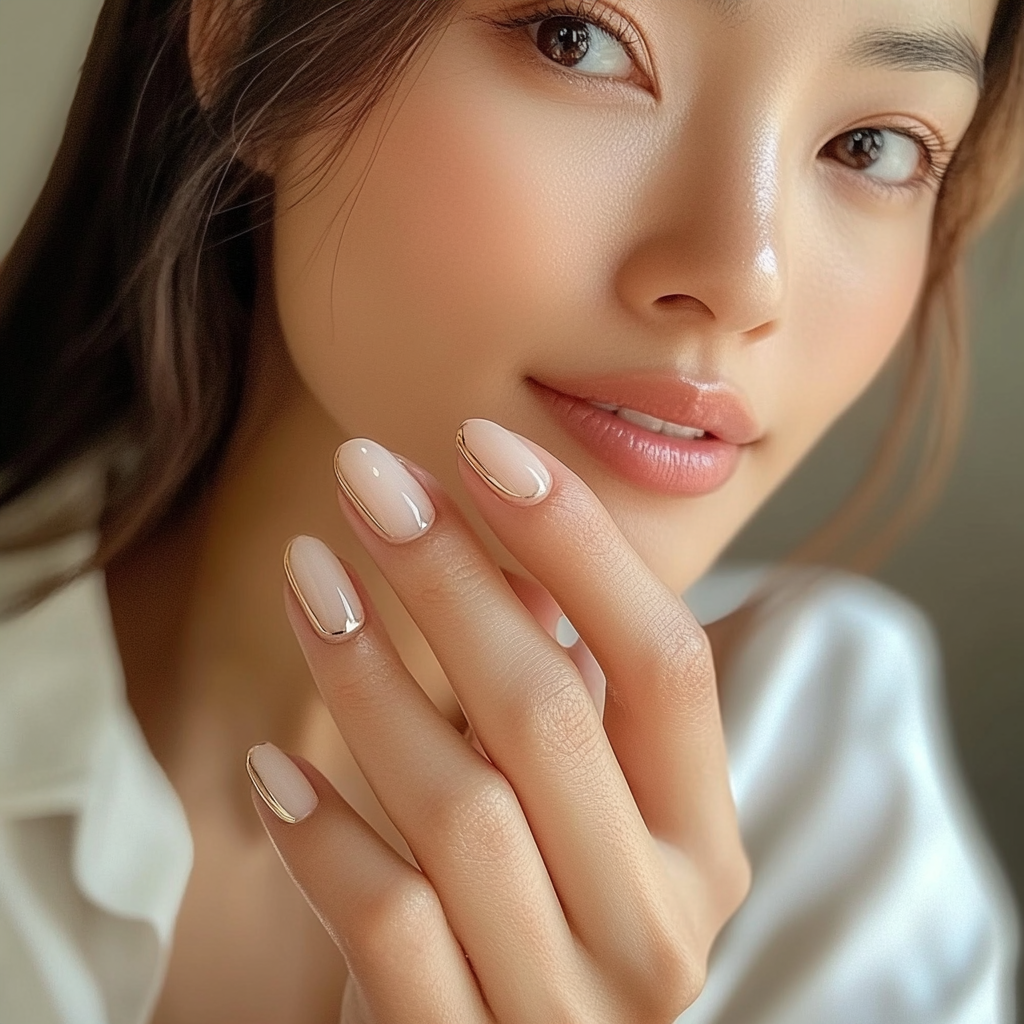 Photo of Asian woman with new pink nails, gold lines.