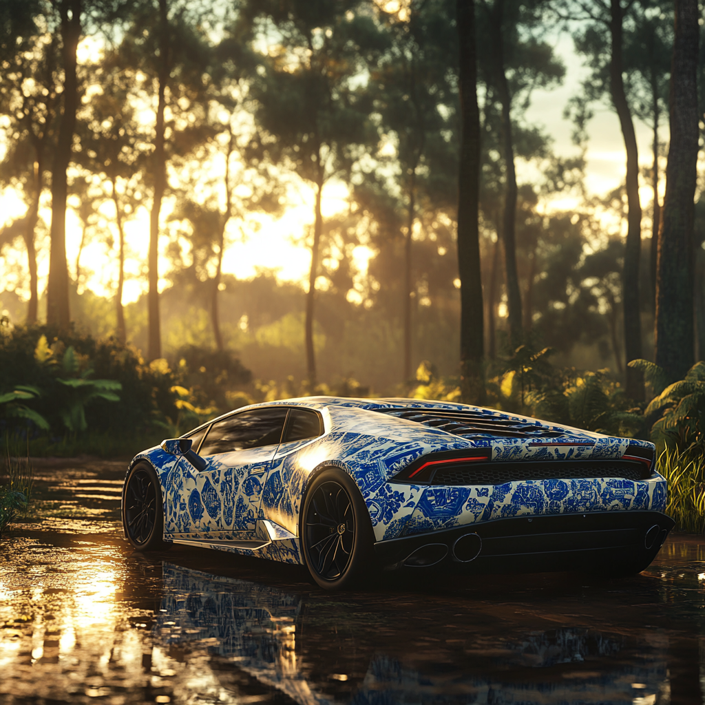 Photo of Lamborghini Huracan in forest with tile design.