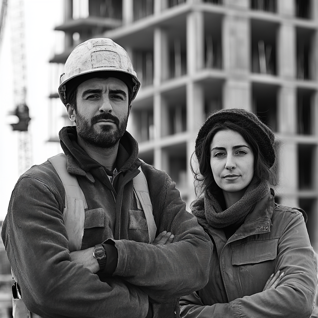 Photo of Moroccan man, European woman, workers in construction.