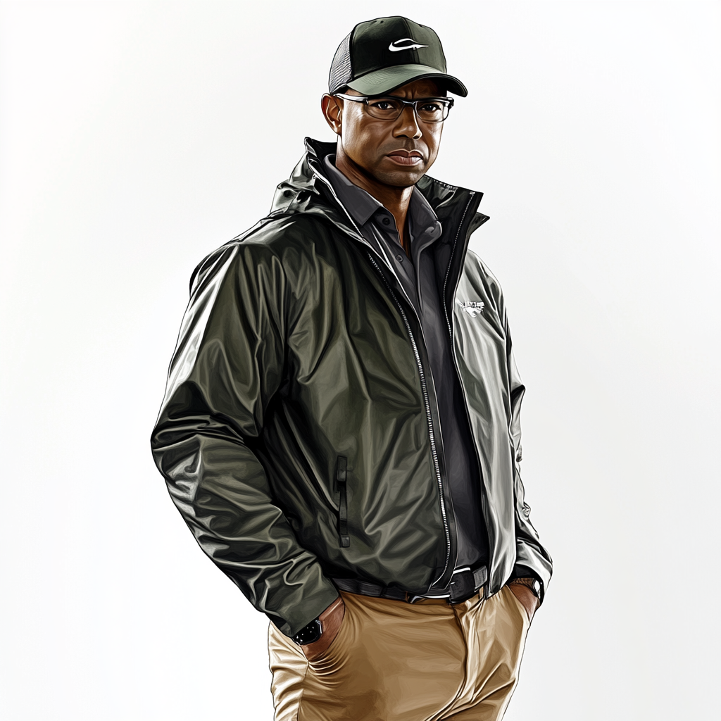 Photo of Tiger Woods in green and tan luxury sportswear, white background, no logos.