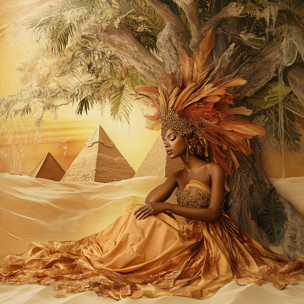 Photo of brown-skinned woman in Arabian dress by tree.