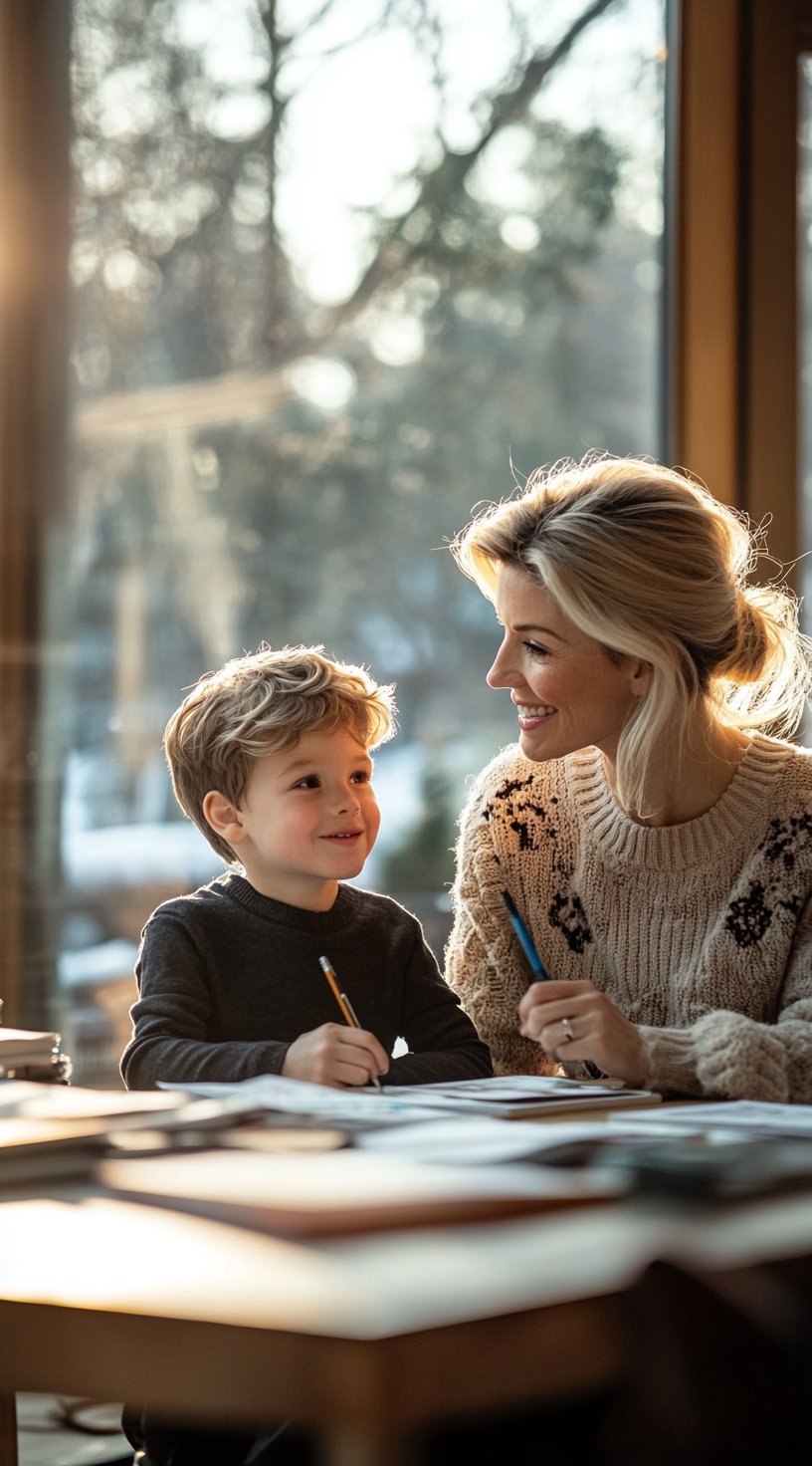 Photo of elegant woman and son at table smiling.