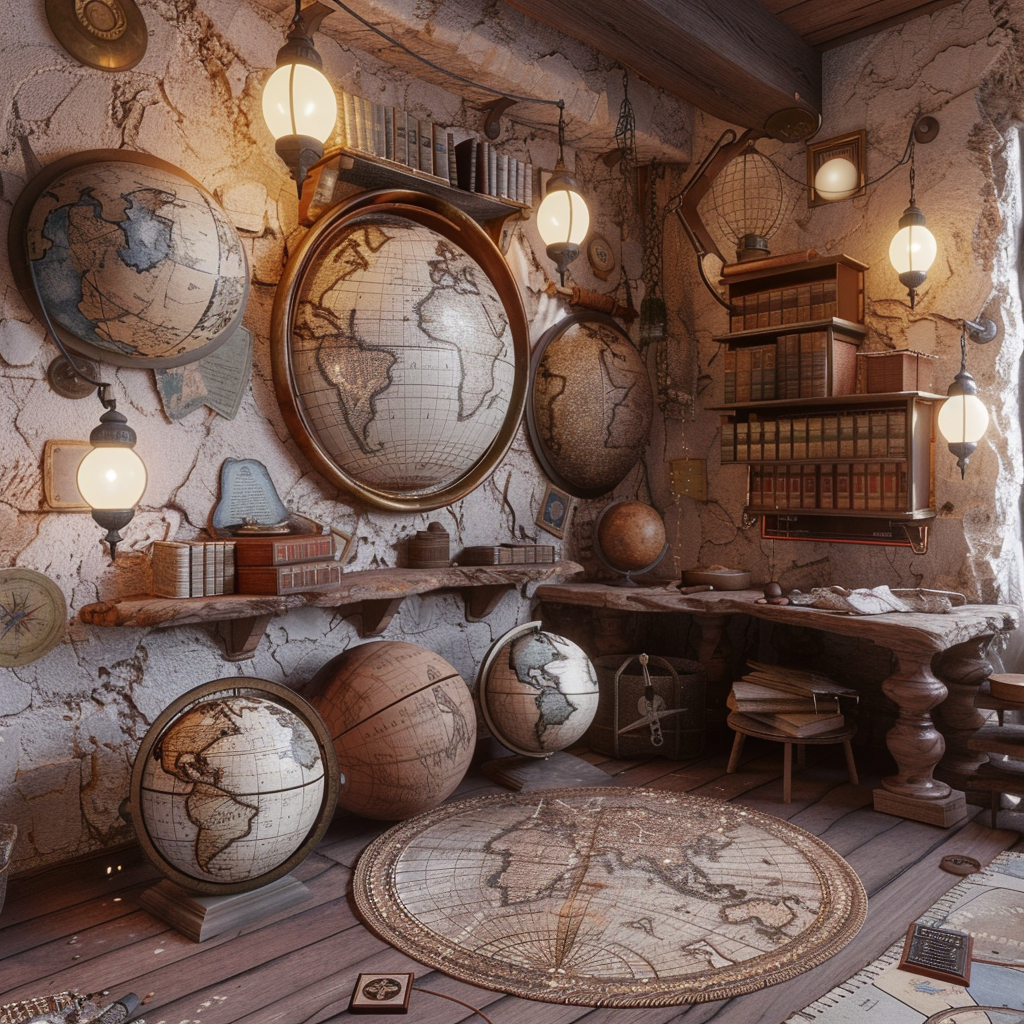 Photo of explorer's nook with globes, compasses, rocks.