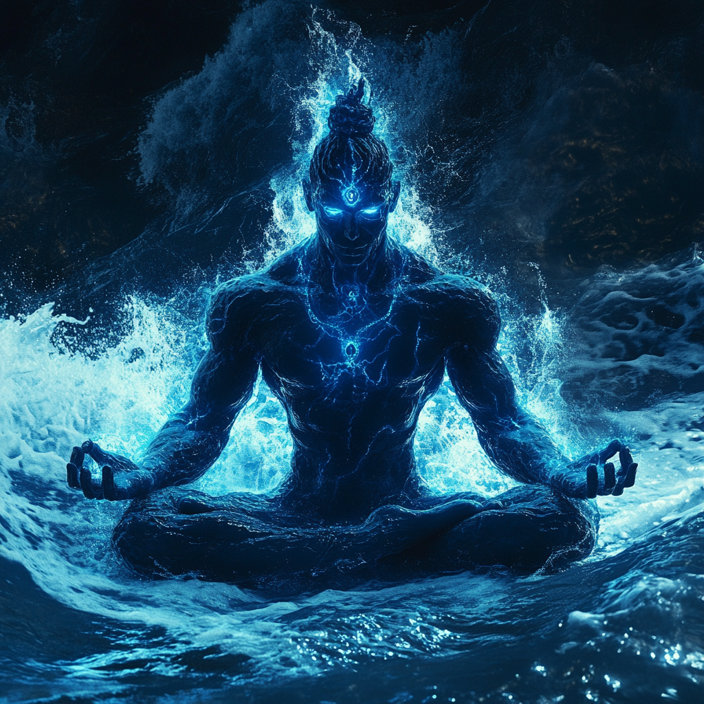 Photo of god of water, glowing blue, meditating.