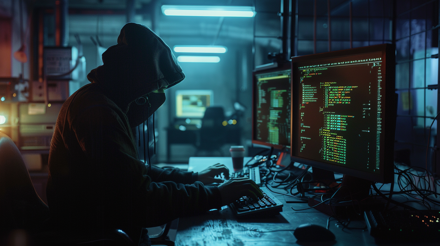 Photo of hacker typing in dimly lit office.