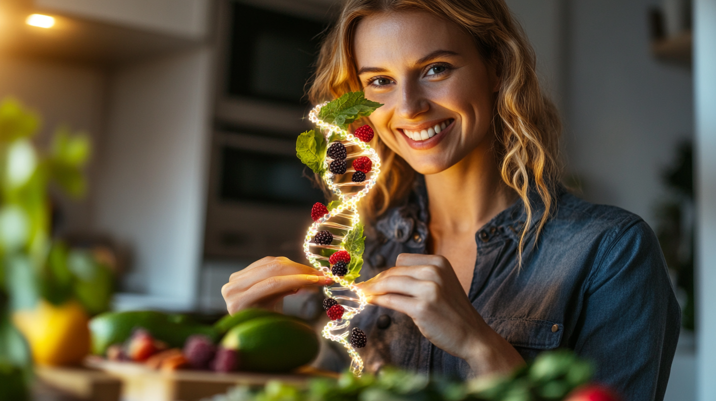 Photo of happy client with DNA and food.