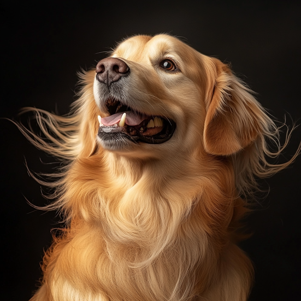 Photo of happy golden retriever with fluffy fur.