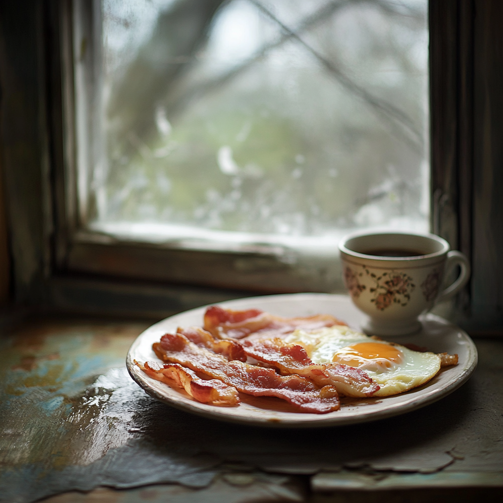 Photo of homemade breakfast with coffee by window.