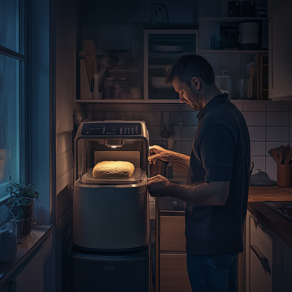 Photo of man in kitchen night, using bread machine.