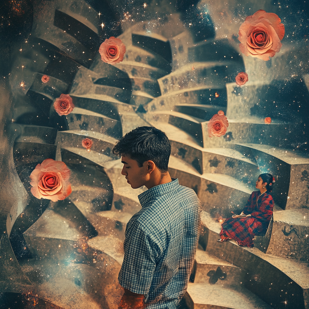 Photo of man in maze with woman and stars.