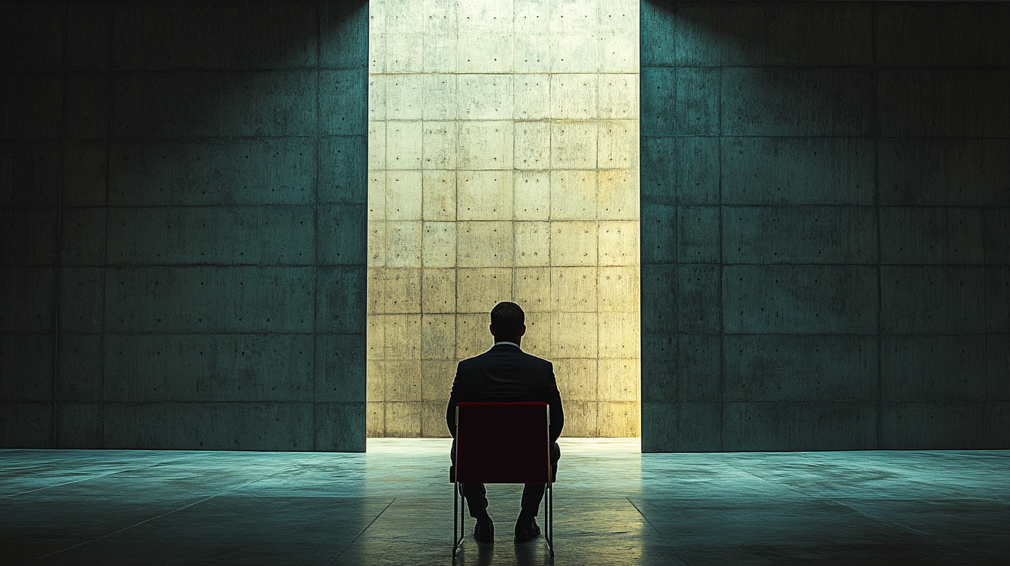 Photo of man in suit sitting in dark hall.