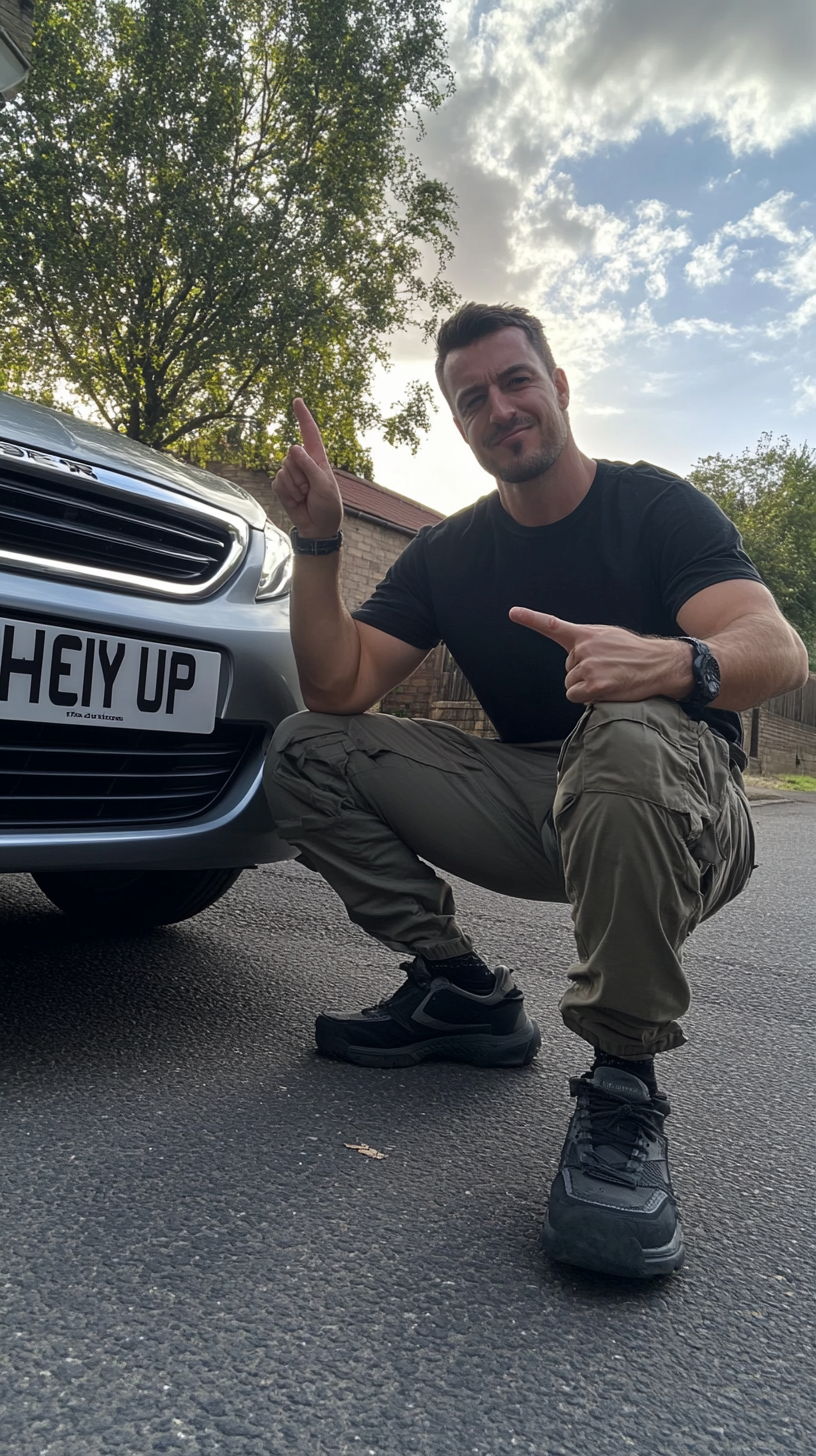 Photo of man next to car's registration plate, vibrant.