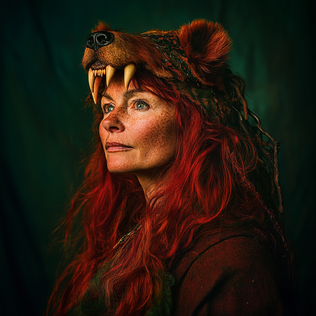 Photo of mature Celtic woman in bear headdress.