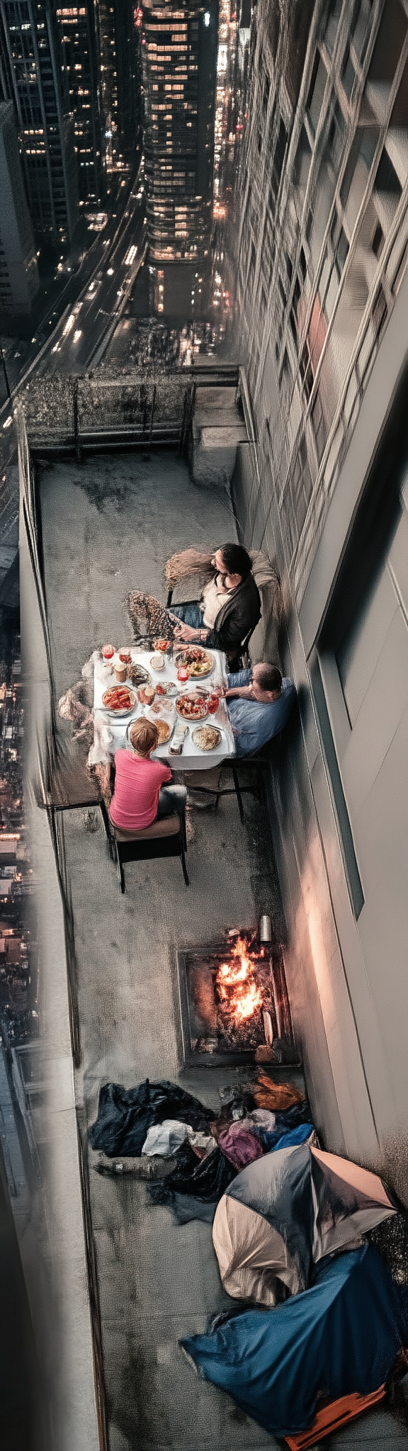 Photo of rich couple dining above poor people below.